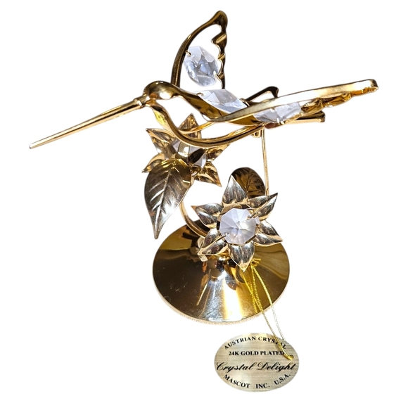 VTG Crystal Delight 24K Gold Plated Hummingbird Figurine Austrian Crystal Flower - Picture 11 of 11